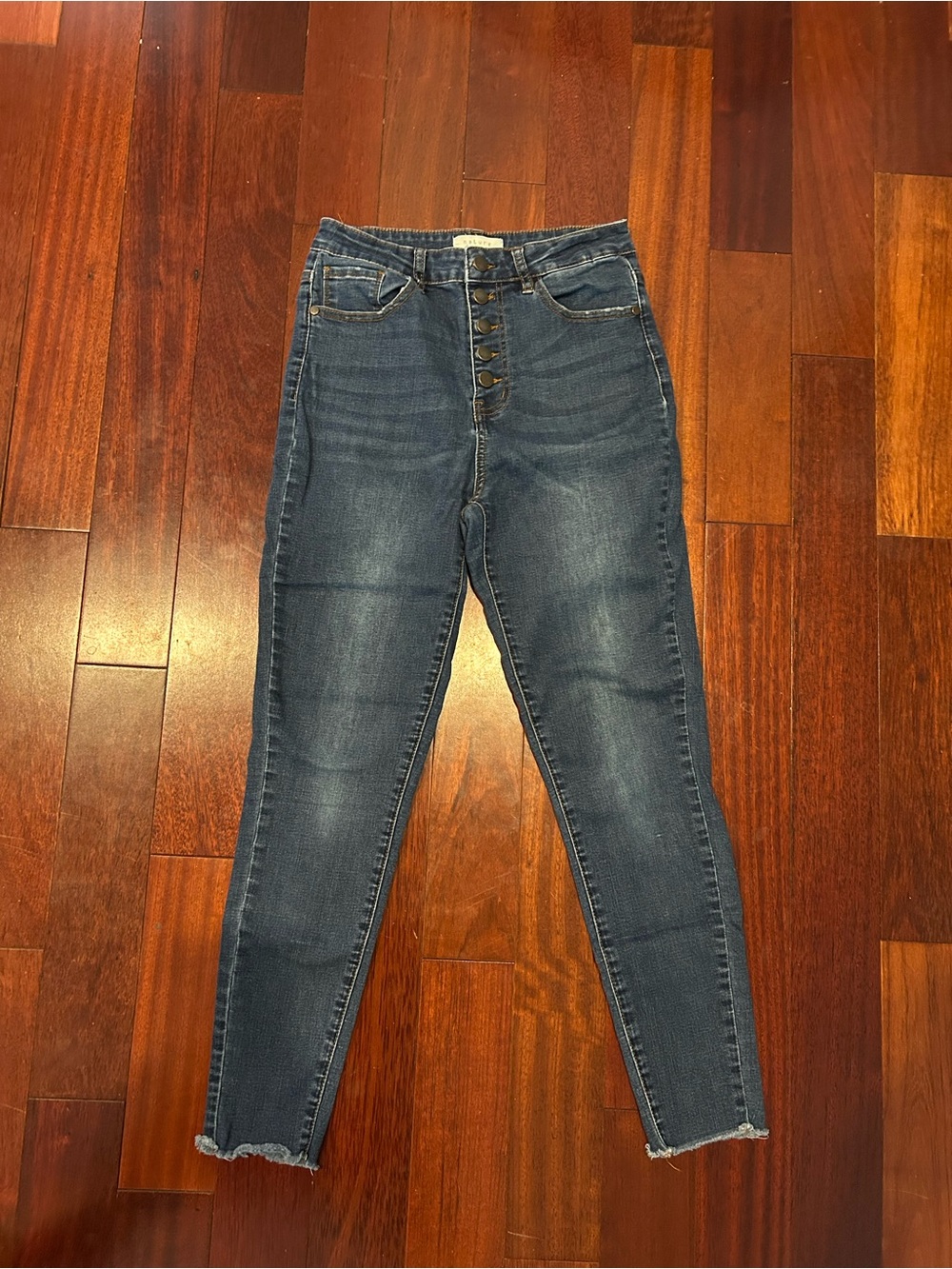 High-Waist Nature Denim Dark Blue Button-Fly Women's Jeans Raw Edge Hem Skinny